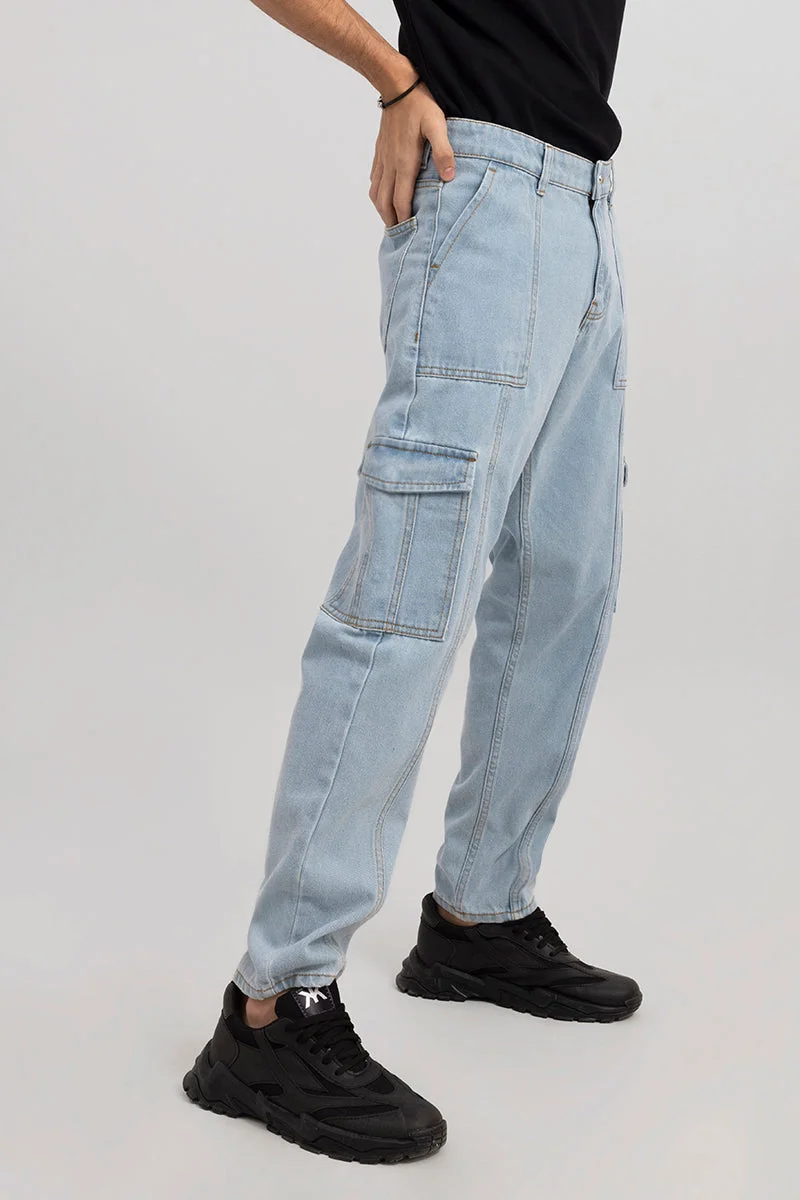 Snitch Light Blue Hip Hop Ice Blue Baggy Cargo Jeans for Men | Best Price UAE